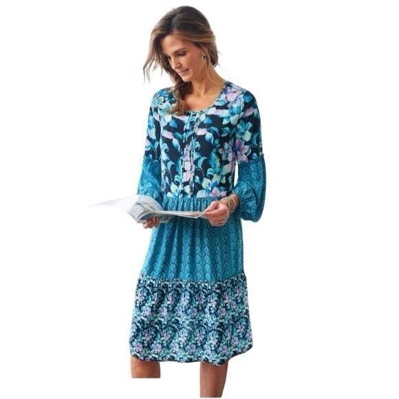 Soft‎ Surroundings Night Bloom Flutter Sleeve Floral MIDI Dress L Navy Multi - Picture 13 of 13